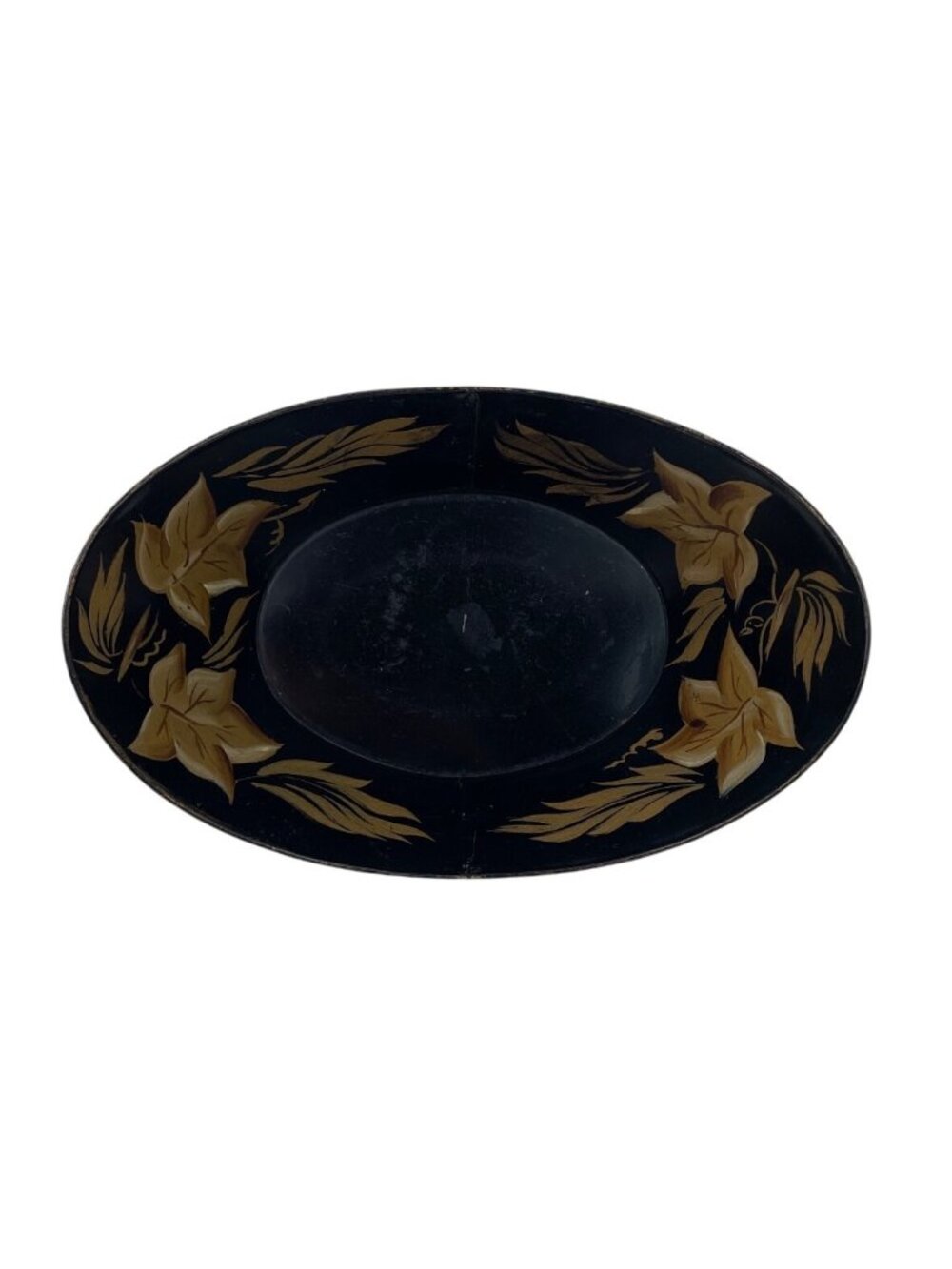 Tole Ware Black & Gold Floral Hand-Painted Oval Breadbasket